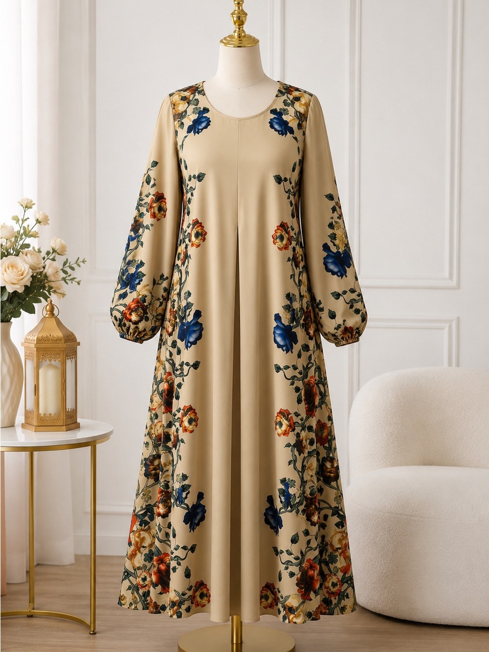 Floral Long Sleeve Maxi Dress in Beige